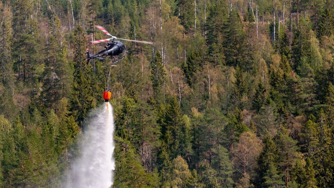 En helikopter vattenbombar en skog.